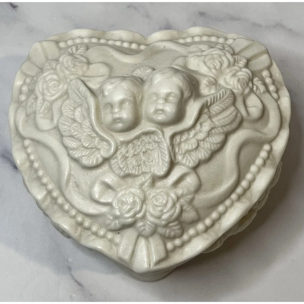 Vintage White Porcelain Bisque Cherub Angel Heart Roses Trinket Vanity Box